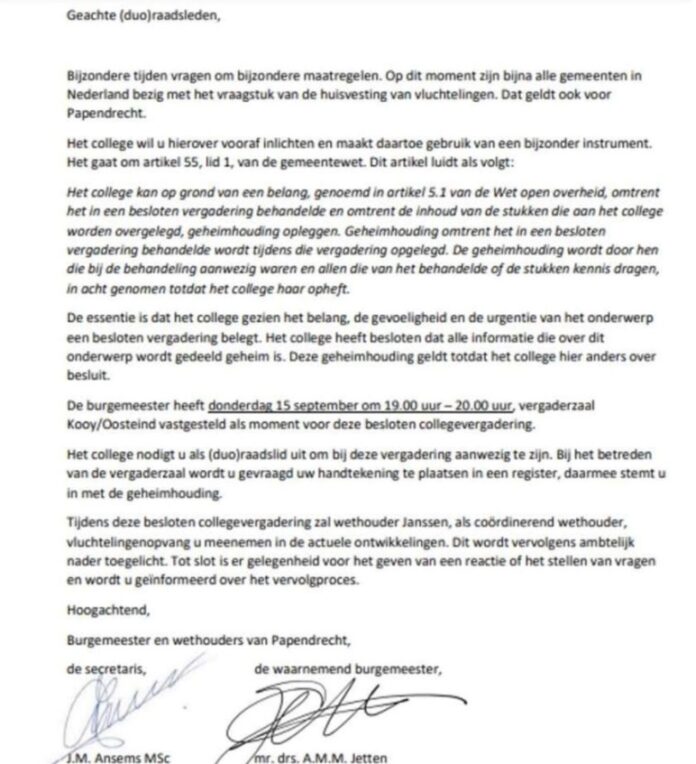 raadsbrief besloten vergadering