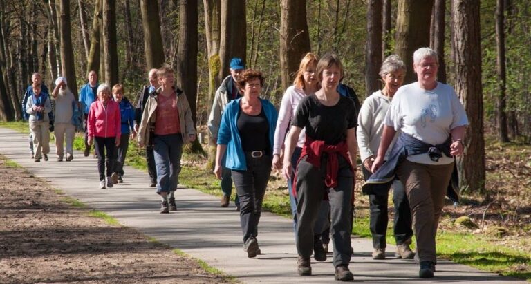 Eerste wandelgroep die in de avond gaat lopen