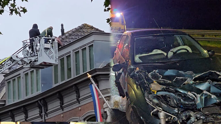 Man zit op dak; auto duikt in vangrail