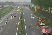 A15 bezaaid met takken, deel van snelweg in beide richtingen dicht
