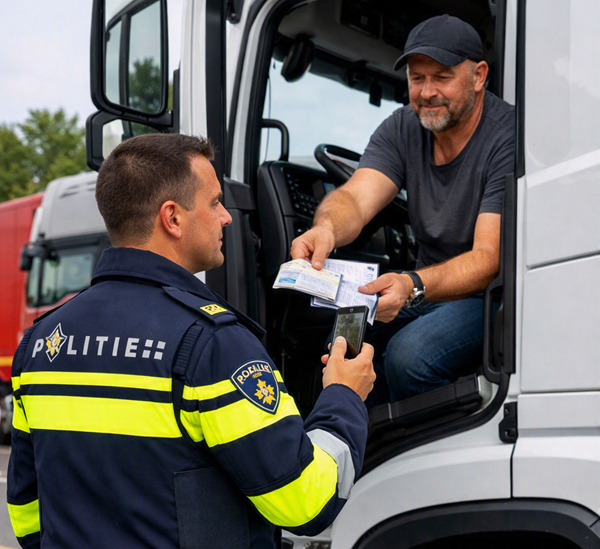 agent controleert vrachtwagenchauffeur AI-crop